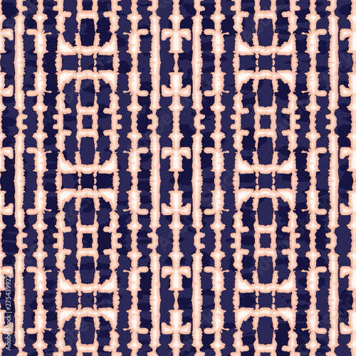 Abstract Vertical Mirrored Coral Tie-Dye Shibori Stripes on Dark Indigo Backrgound Vector Seamless Pattern
