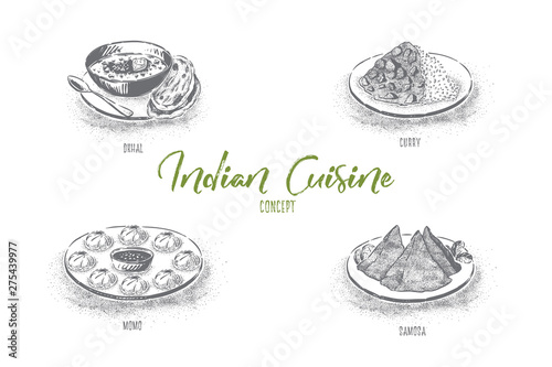 Traditional oriental cooking, dhal, curry, momo and samosa, delicious dinner, tasty dishes, national indian cuisine banner
