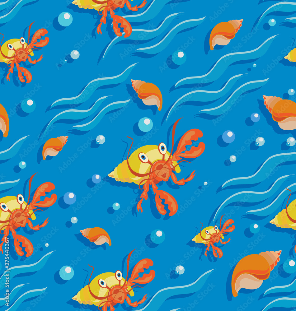 Orange hermit crab and seashells on the waves. Seamless patterns Design for baby textiles, background image for packaging materials. Cartoon style Orange hermit crab and seashells on the waves. Seamless patterns Design for baby textiles, background image for packaging materials. Cartoon style