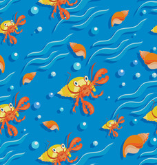 Papier peint photo Vagues de la mer patrons Bernard-l'ermite orange et coquillages  © velishchuknatali