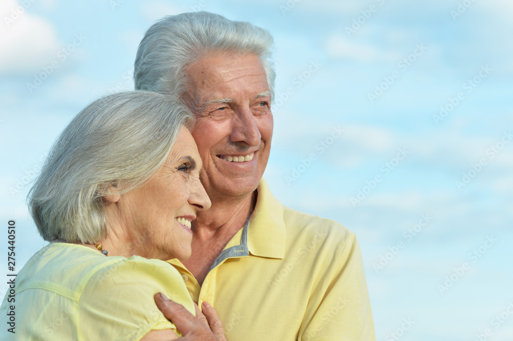 Beautiful senior couple posing and hugging in the park
