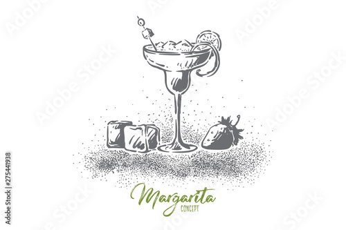 Margarita closeup, delicious refreshment, tequila with ice and lemon slice, luxury beverage glass with strawberry