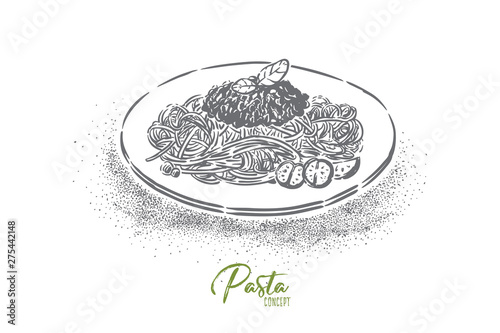 Tasty pasta, macaron plate with bolognese sauce and tomatoes, delicious dish, gourmet lunch, supper