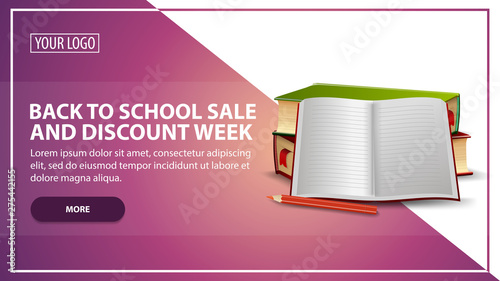 Back to school sale and discount week, discount web banner template for your website in a modern style with school textbooks and notebook