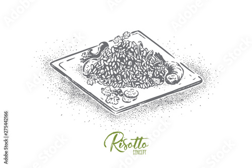 Delicious risotto, rice dish with vegetables garnish, traditional european cuisine, national cooking