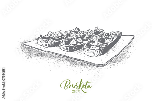 Tasty bruschetta, grilled garlic bread slices with oil olive and vegetables, delicious quick snack