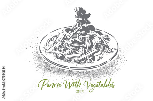 Penne with vegetables, delicious italian dish, macaroni with veggies, lettuce, vegetarian lunch