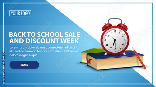 Back to school sale and discount week, discount web banner template for your website in a modern style with school books and alarm clock