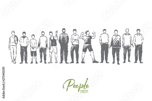 Young men standing together, adults and teenagers, faceless people in casual clothes, friends communication