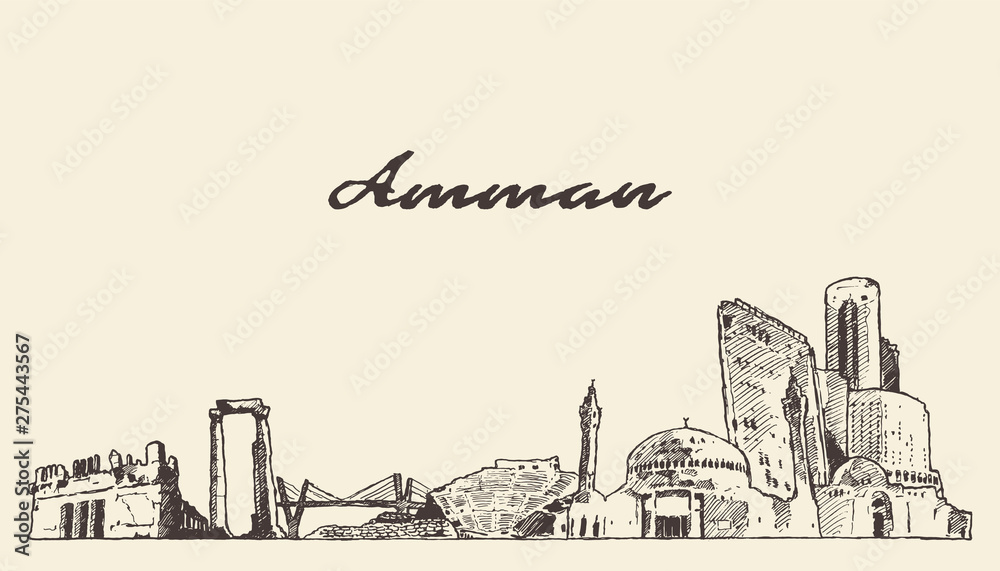 Amman skyline Jordan hand drawn vector sketch