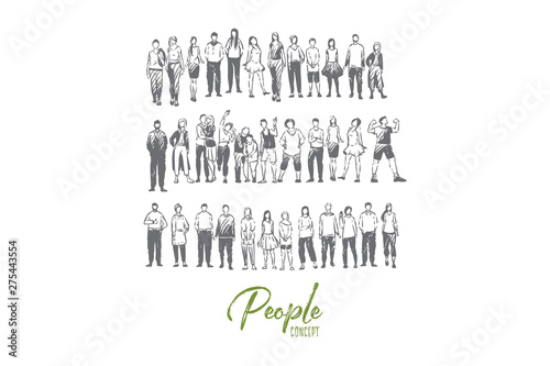 Various people standing in groups, young and old couples, friends in casual and formal clothes