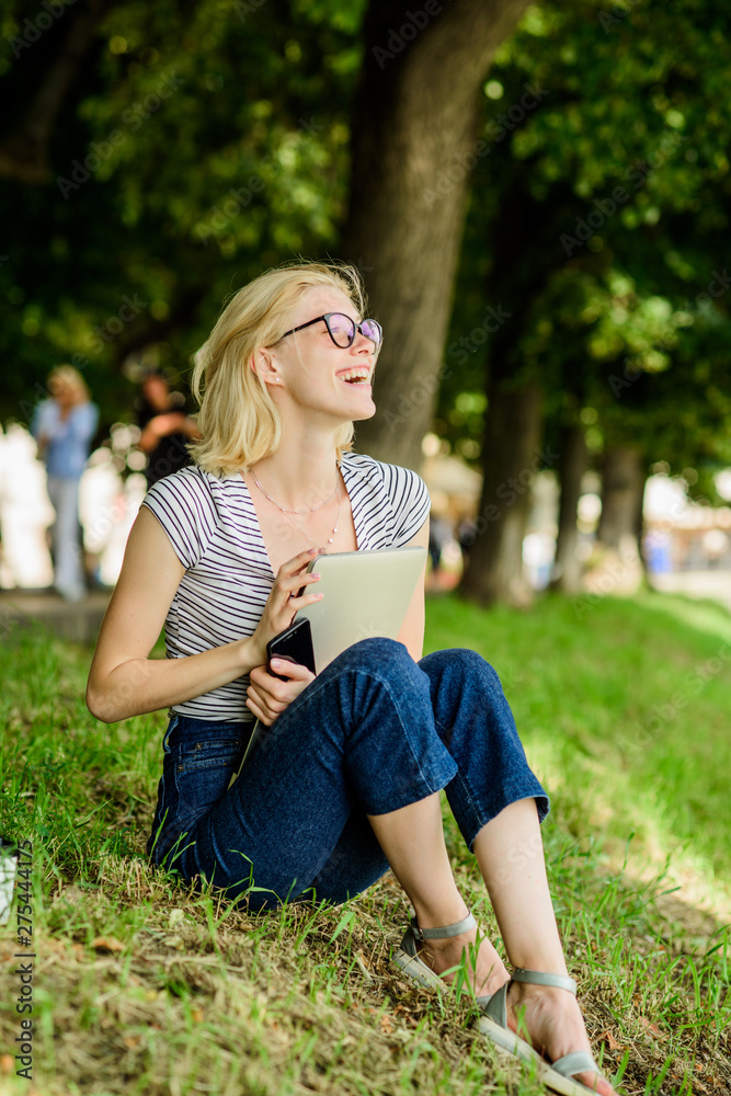 Obraz premium Education. summer online. Blogger create content for social network. woman has business online. Web communication. Blogger becoming inspired by nature. writer with notebook. girl with laptop