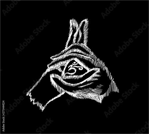 The illustration of the hand folded in mudra. Chalk on a blackboard.