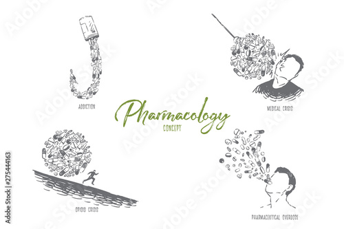 Pills in hook shape, patient hit by medicaments, man running from tablets, drug abuse, pharmacy banner