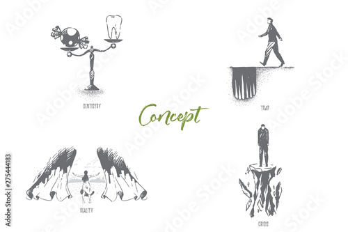 Candy and tooth on scales, man walks in pit with spikes, woman pushing curtains, depression, metaphors banner