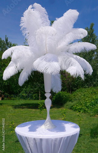 White ostrich feather in vase on a white banquet table.