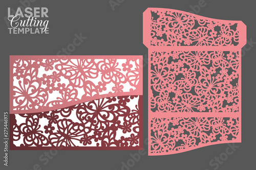 Laser cut pocket envelope template with pattern of butterflies and flowers, vector. Wedding invitation or greeting card with abstract ornament. Suitable for greeting cards, invitations, menus.