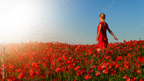 Frau genießt Sonne im Mohnblumenfeld