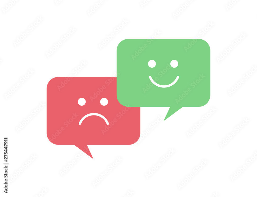 Vector flat emoticon symbol. Talk bubbles with angry and happy feelings. Icons for illustration of different mood, tempers, mental disorders (like bipolar disorder or depression). Red and green icons. Vector flat emoticon symbol. Talk bubbles with angry and happy feelings. Icons for illustration of different mood, tempers, mental disorders (like bipolar disorder or depression). Red and green icons.