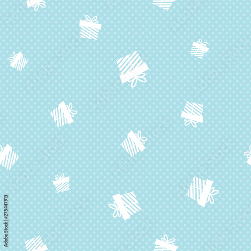 Giveaway holidays seamless pattern, present boxes illustration. Blue repeated gift pattern. Print for fabric, textile, wrapping paper