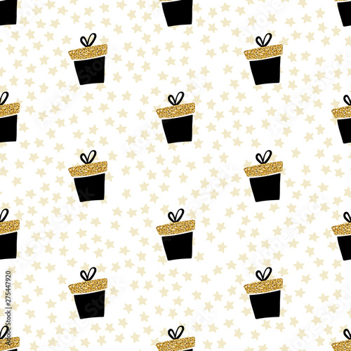 Vector white gold seamless gift pattern. Giveaway holidays repeated pattern, present black boxes illustration. Abstract wallpaper, wrapping paper print
