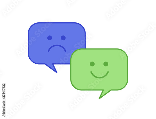 Vector flat emoticon symbol. Talk bubbles with sad and happy feelings. Icons for illustration of different mood, tempers, mental disorders (like bipolar disorder or depression). Blue and green icons.