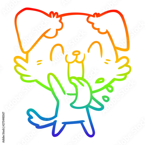 rainbow gradient line drawing cartoon panting dog waving