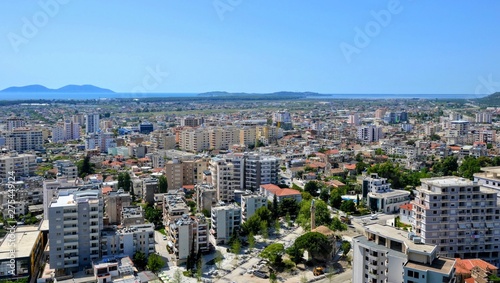 Albania  Vlore  Vlora  panoramic cityscape seen from Kuzum Baba hill. Aerial city view  city panorama of Vlore and Sazan Island