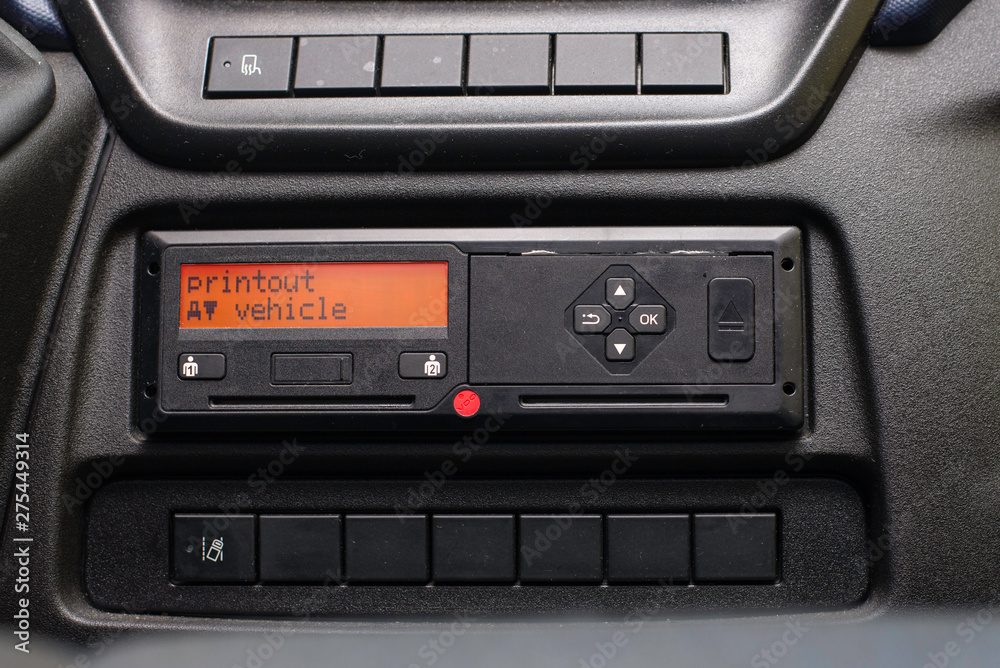 Digital tachograph display reads Printout Vehicle. No personal data