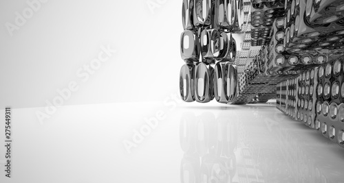 Abstract dynamic interior with black and white smooth objects. 3D illustration and rendering