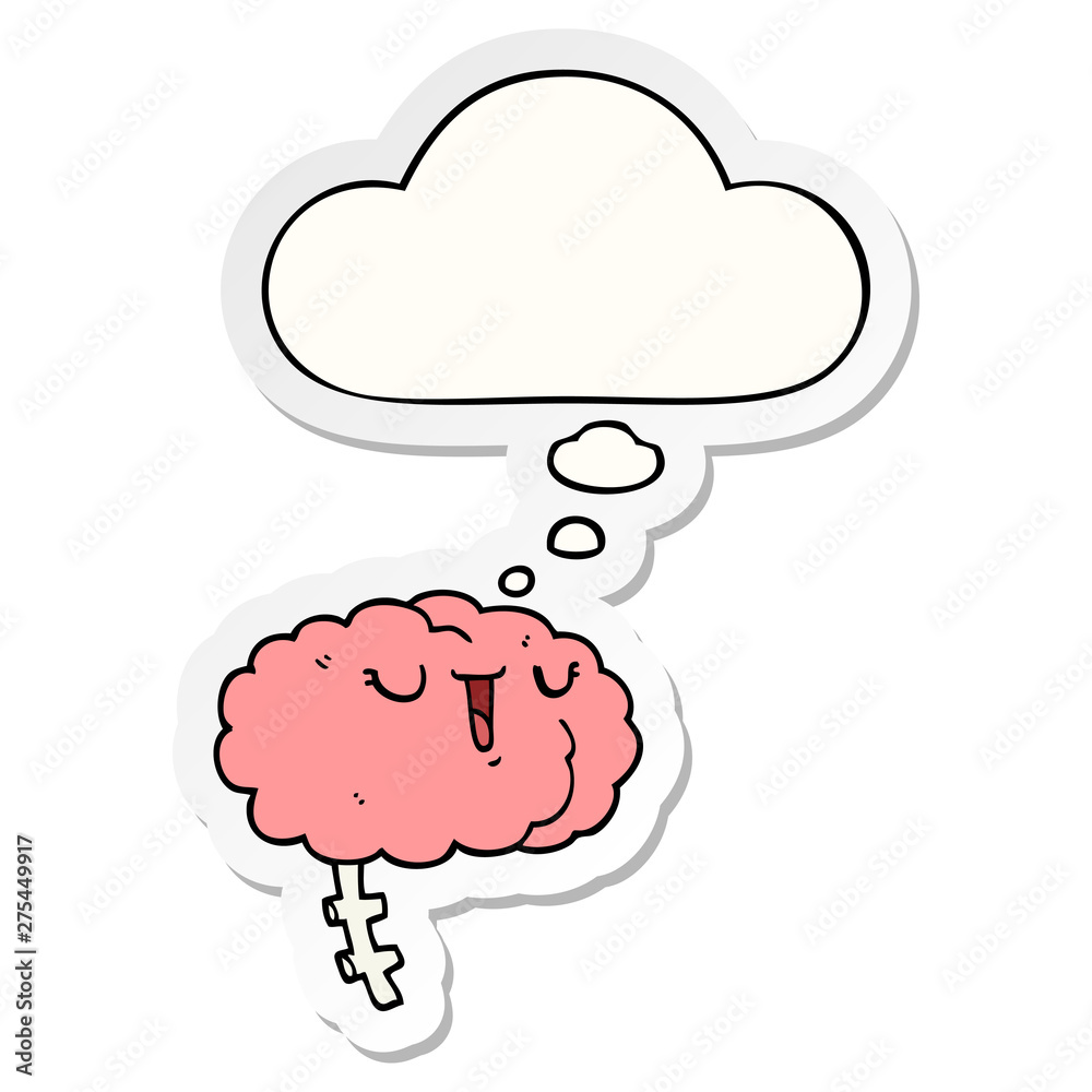 happy cartoon brain and thought bubble as a printed sticker happy cartoon brain and thought bubble as a printed sticker