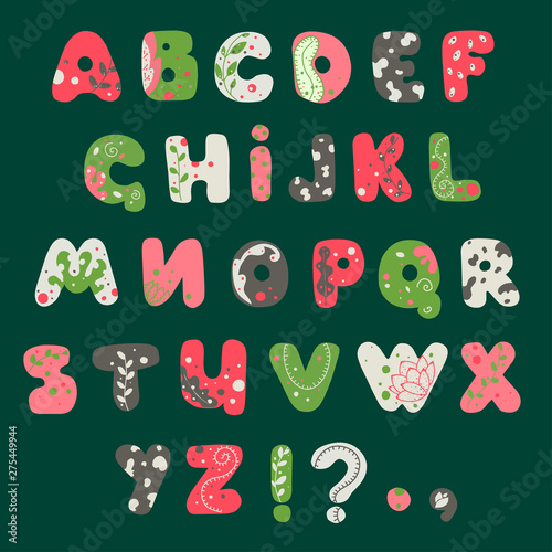 Forest summer alphabet. Decorated with branches and foliage. Round letters in cartoon style.