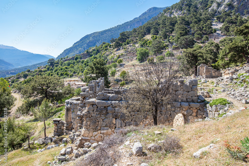 Ancient Lycian City of Arykanda. Overview of the gymnasium complex. Arykanda is an ancient city built on mountain terraces at an altitude of 1000 meter. It is an amazing ancient city. Antalya-Turkey