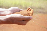Hand man holding red soil dust on the blur background 
