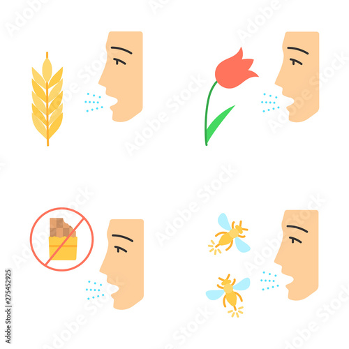 Allergies flat design long shadow color icons set