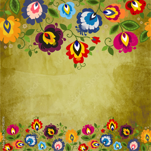 Beautiful vintage, grunge sepia Polish floral folk line seamless decoration vector