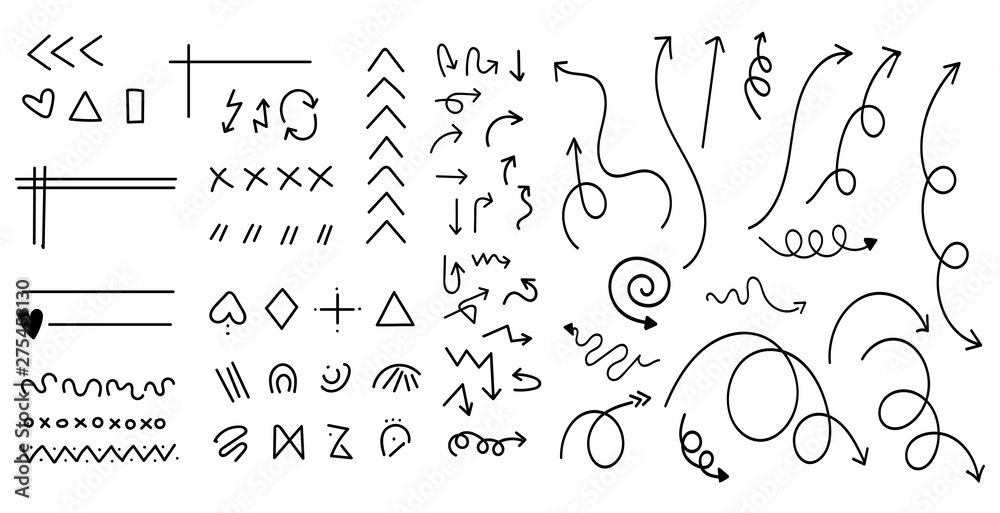 Cartoon pictures set of different arrows. Hand drawn set of lines.Marker line divider, handmade pencil strokes brush and drawing dividers.Curve frame, decoration borders or floral ornament