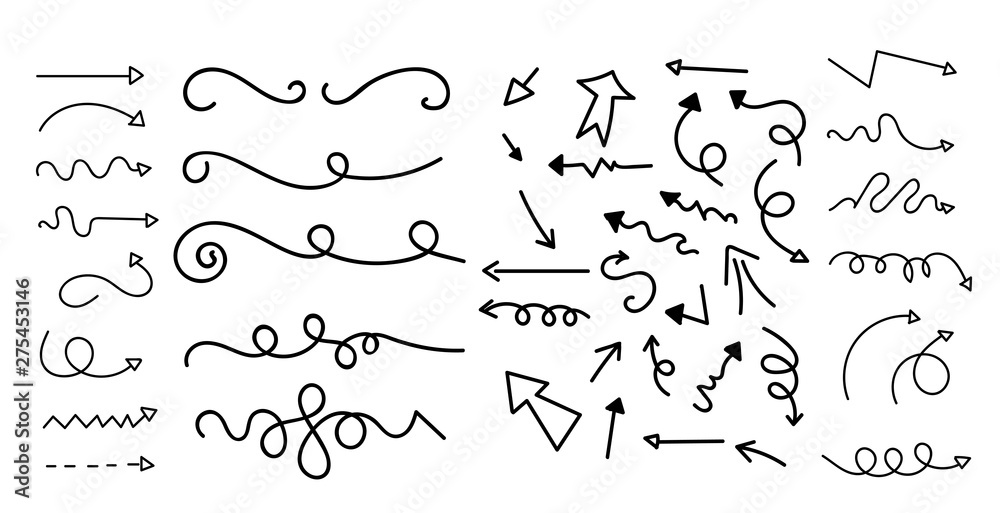 Cartoon pictures set of different hand drawn arrows. Mixed style white and black flat icons. Vector illustration. Cartoon pictures set of different hand drawn arrows. Mixed style white and black flat icons. Vector illustration.