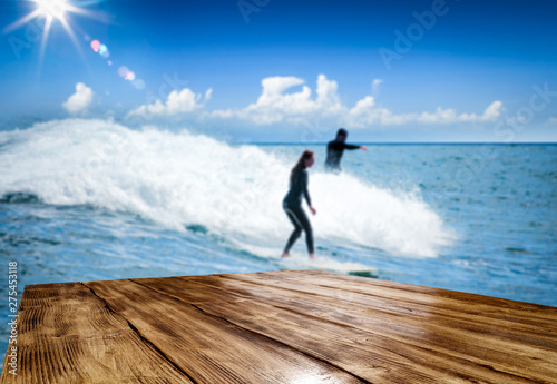 Desk of free space and summer time. Beach landscape and ocean. 