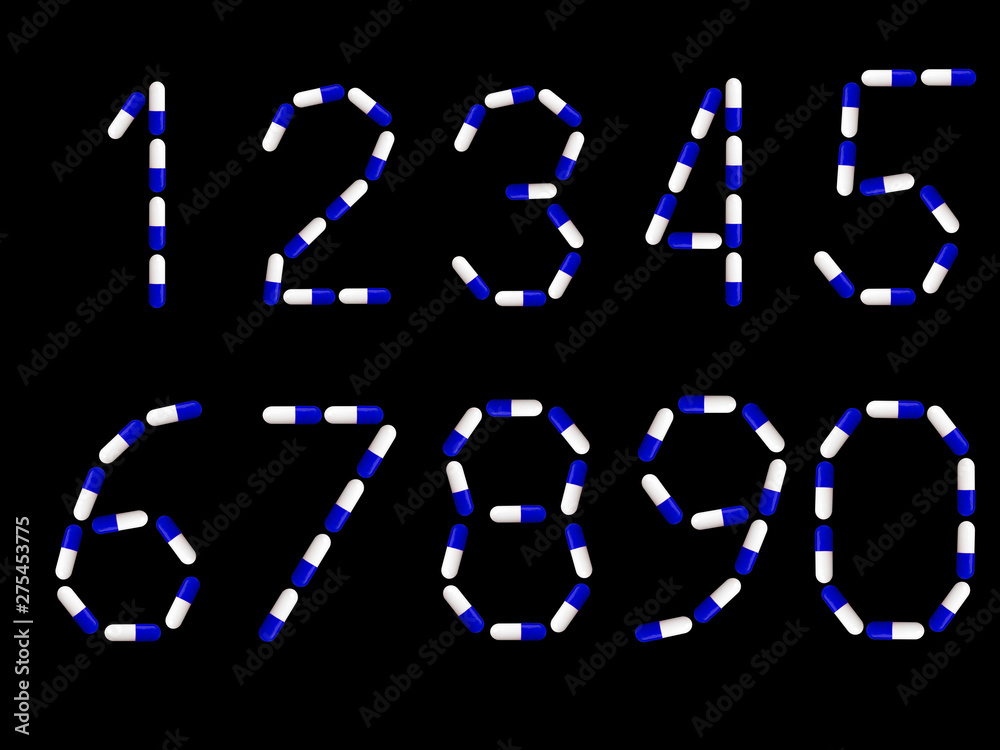 numbers 1, 2, 3, 4, 5, 6, 7, 8, 9, 0 written in blue and white medical capsules, isolated on a black background numbers 1, 2, 3, 4, 5, 6, 7, 8, 9, 0 written in blue and white medical capsules, isolated on a black background