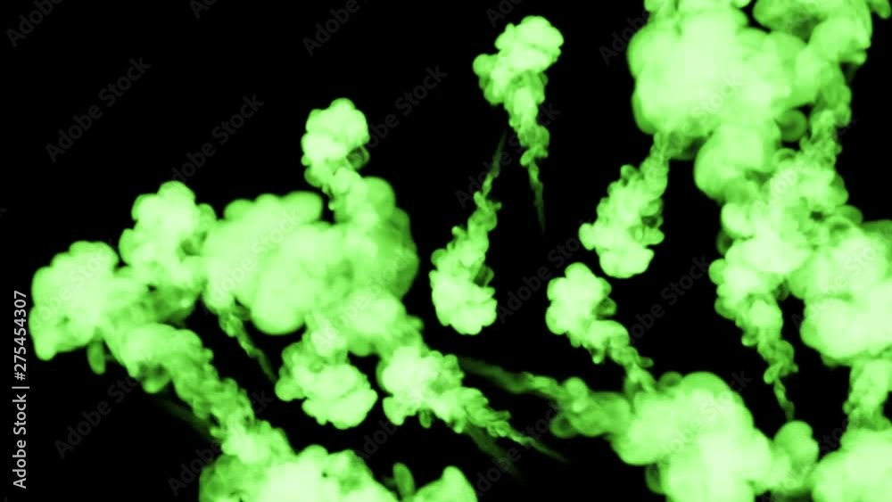 3d render of green ink injection dissolves and spread in water on black with luma matte as alpha channel for visual effects and easy compositing. 4