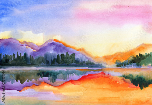 Landscape with lake and mountains. . Hand drawn artistic watercolor background.