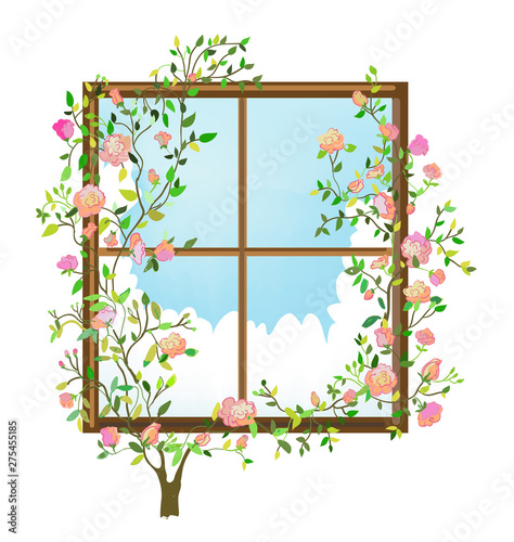 Window and roses flowers card - romantic background. Vector graphic illustration