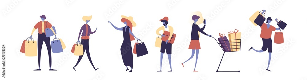 Collection of people carrying shopping bags with purchases. Men and women taking part in seasonal sale at store, shop, mall. Cartoon characters isolated on white background. Flat vector illustration.