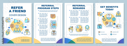 Refer a friend cover design brochure template layout. Flyer, booklet, leaflet print design with linear illustrations. Vector page layouts for magazines, annual reports, advertising posters