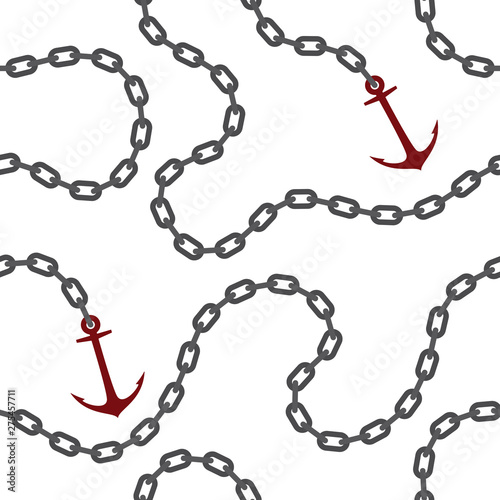 Seamless vector white chain with steel ship anchor. Isolated on white background.