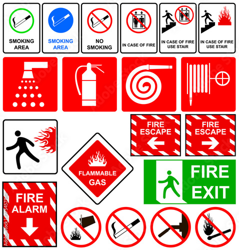 Fire emergency signs. Fire safety signs icons with the exit from the premises. Fire extinguisher icon. Flat fire safety. Vector illustration.