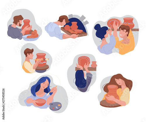 Set of icons for clay pottery workshops and master classes with cartoon people making and painting ceramic crockery the flat vector illustration isolated on white background.