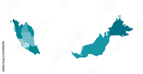 Vector isolated illustration of simplified administrative map of Malaysia. Borders of the regions. Colorful blue khaki silhouettes