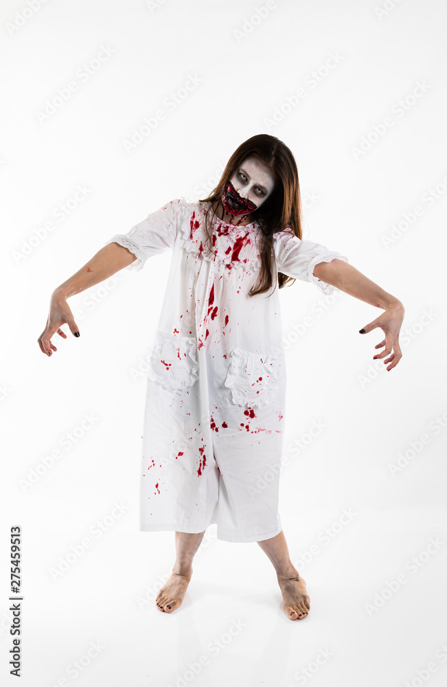 portrait asian women in white dress make up ghost face with blood on white background portrait asian women in white dress make up ghost face with blood on white background